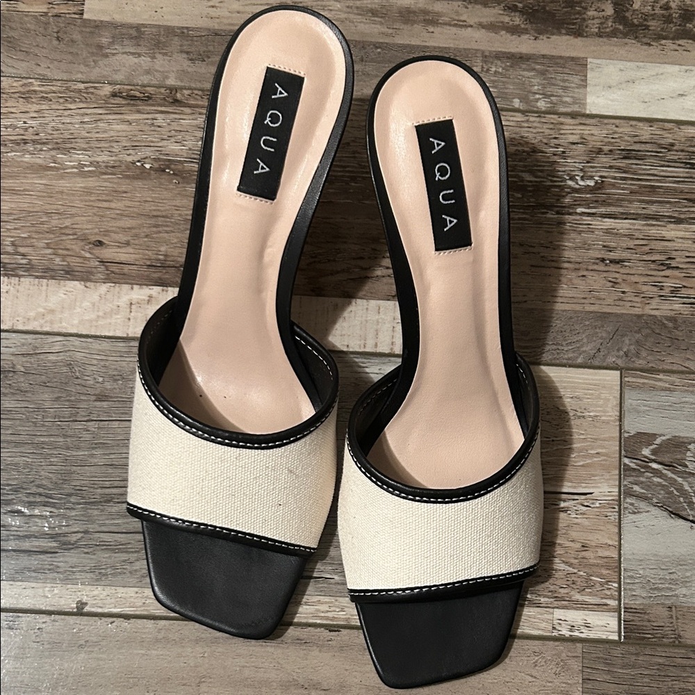 Aqua Black and Cream Heeled Mules
